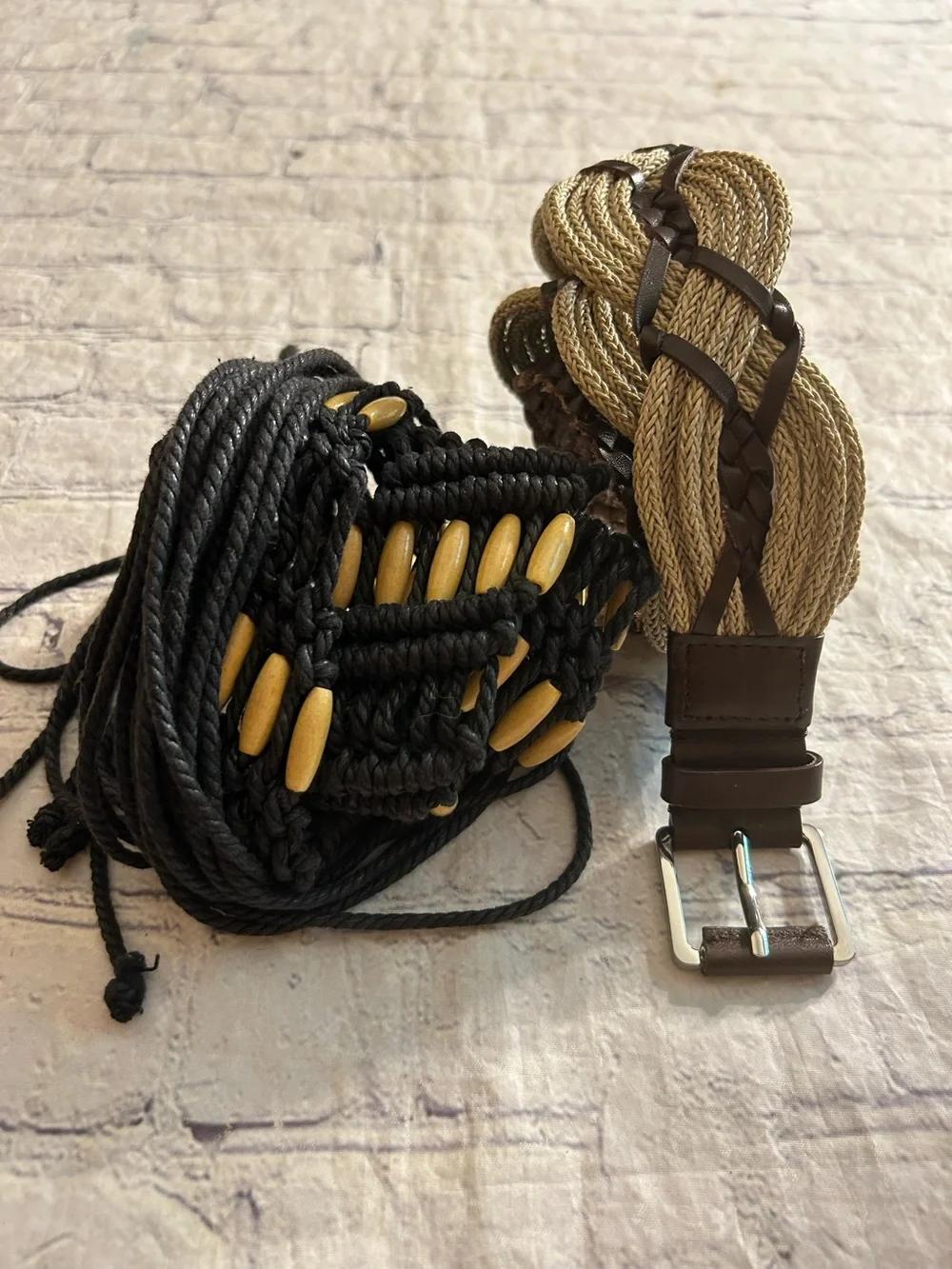 TALBOTS TAN & BROWN BOHEMIAN WOVEN BELT SIZE M & BLACK & TAN BEADED BOHO BELT OS